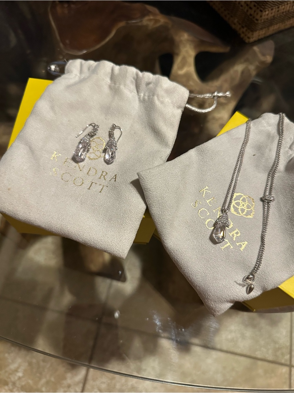 Kendra Scott Silver Clear Crystal Bridal Necklace & Earrings Set w/ Box & pouch